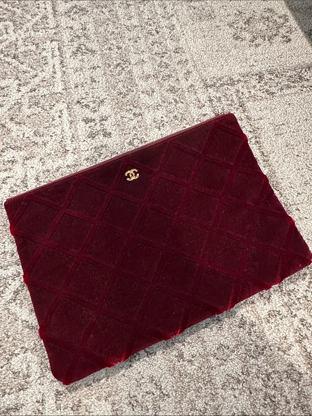 Authentic CHANEL Deep Burgundy Quilted Velvet O Case Clutch with Gold CC
